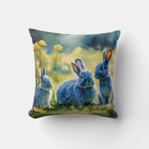 Coussin de style aquarelle Blue Bunny Garden