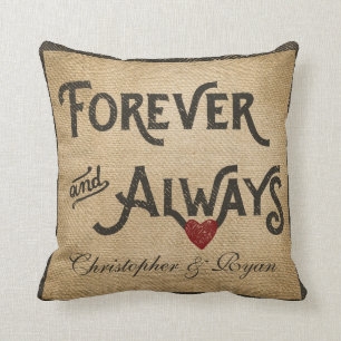 Coussin De toile de jute coeur gai pour toujours toujours