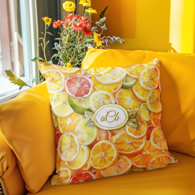Coussin de tranches d'agrumes de citron avec monog (Créateur téléchargé)