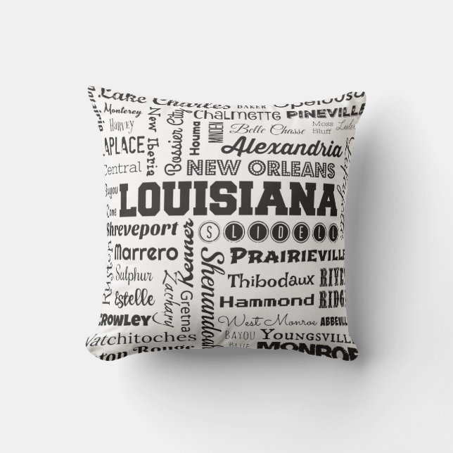 Coussin de typographie de villes de la Louisiane (Recto)