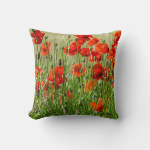 Coussin de vue de champ de pavot rouge