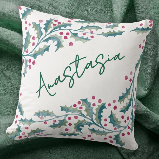 Coussin Décembre Mois de naissance Houx Personnalisé (December birthday personalized custom name birth month flower holly throw pillow)