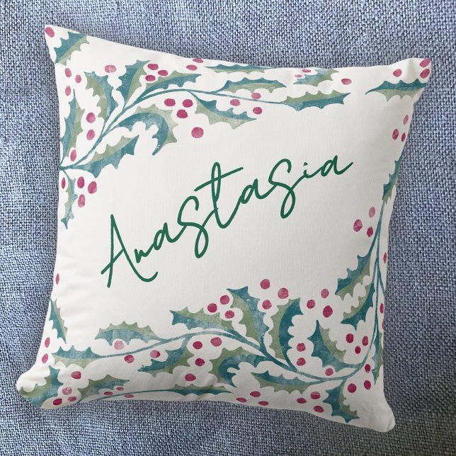 Coussin Décembre Mois de Naissance Houx Personnalisé (December birthday personalized custom name birth month flower holly throw pillow)