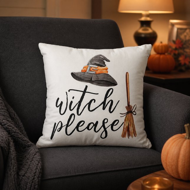 Coussin Déco de sorcière en aquarelle Halloween blanc (Add a mischievous bit of magic to your Halloween decorating with this “Witch Please” throw pillow.)