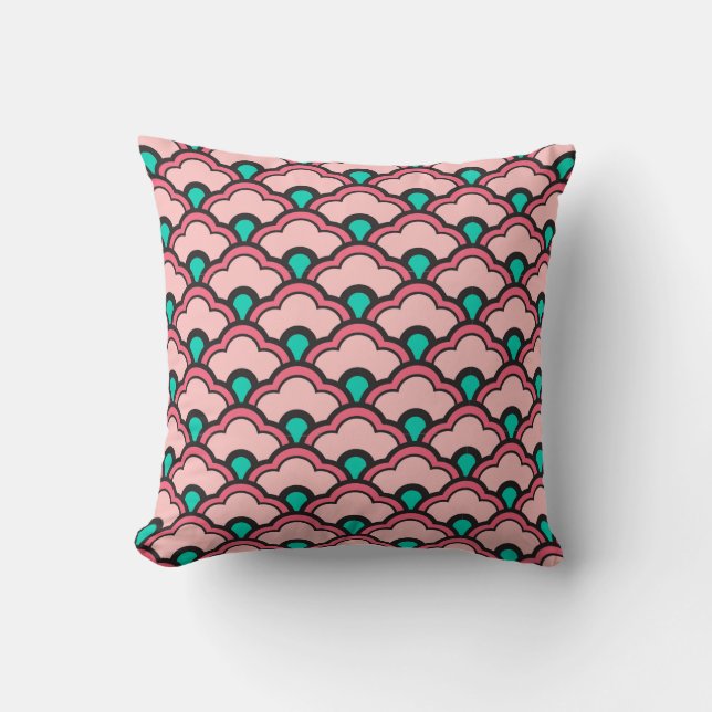 Coussin Déco pétoncles chinois, corail rose et turquoise (Recto)