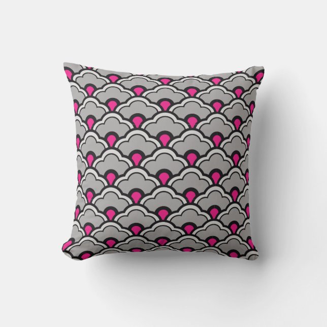 Coussin Déco pétoncles chinois, gris / gris, noir et rose (Recto)