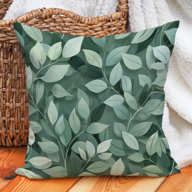 Coussin Décor botanique de verdure aux feuilles vertes (Green Leaves Botanical Greenery Nature Decor Throw Pillow)
