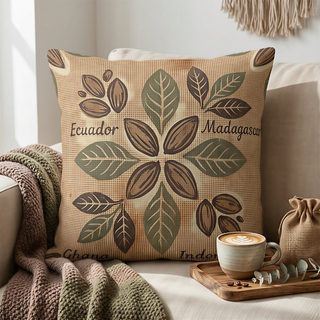 Coussin Décor Botanique des Origines du Cacao Rustique (Créateur téléchargé)
