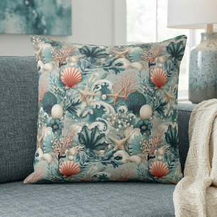 Coussin Décor côtier vert de mer Coraux tropicaux Coquilla