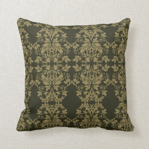Coussin Décor damassé or et olive foncé