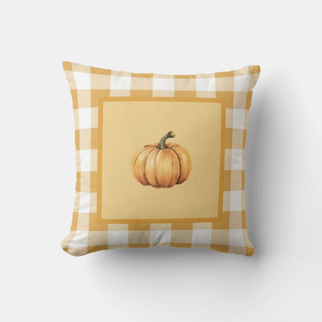 Coussin Décor d'automne citrouille à carreaux beige de fer (Recto)