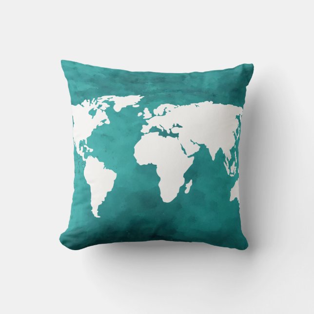Coussin décor de carte du monde turquoise (Recto)