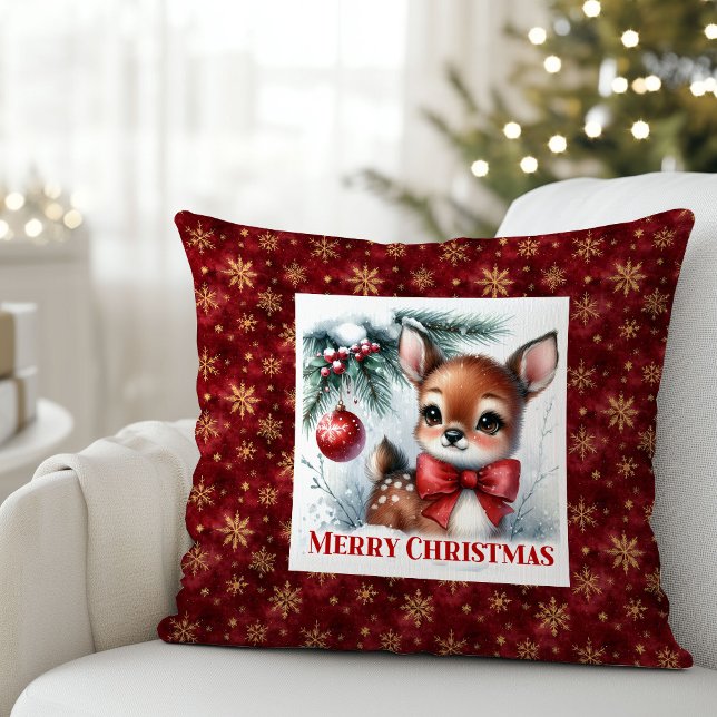 Coussin Décor de chambre d'enfants Scène hivernale festive (Festive Baby Fawn Winter Scene Kids Room Decor Christmas Pillow

)