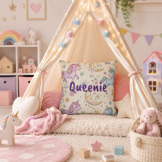 Coussin Décor de chambre licorne avec nom personnalisé