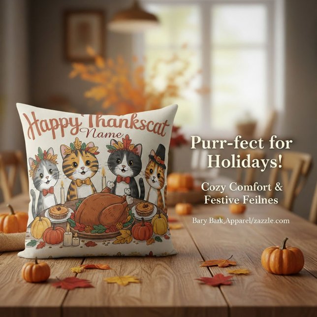 Coussin Décor de chats de Thanksgiving nom personnalisé (Créateur téléchargé)