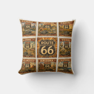 Coussin Décor de collage de timbres Route 66 Americana au