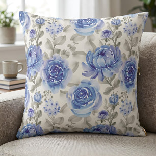 Coussin Décor de jardin botanique floral aquarelle bleu