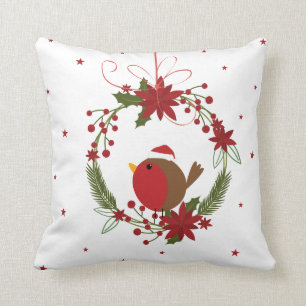 Coussin Décor de la couronne de Noël du mignon robin