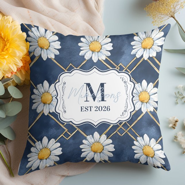 Coussin Décor de monogramme à carreaux Navy Daisy (Créateur téléchargé)