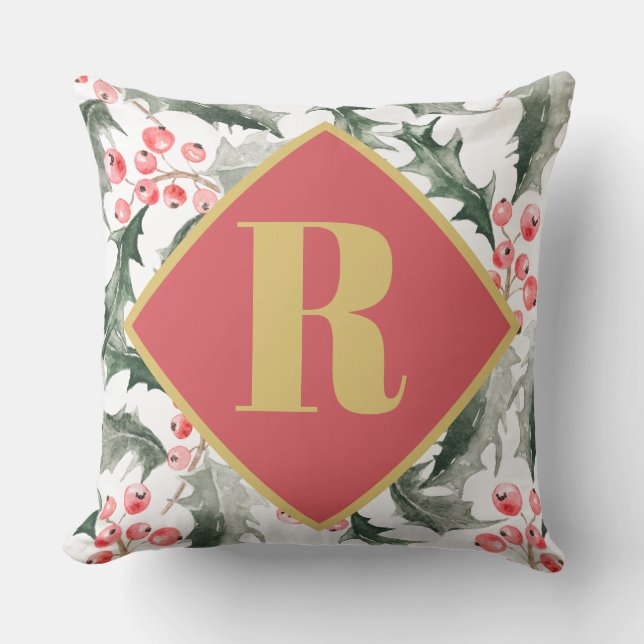 Coussin Décor de Noël botanique initial monogramme (Recto)