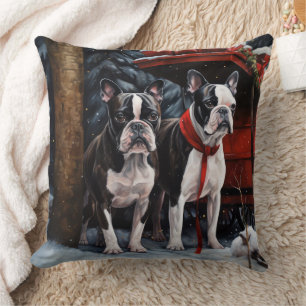 Coussin Décor de Noël de Boston Terrier Snowy Sleigh