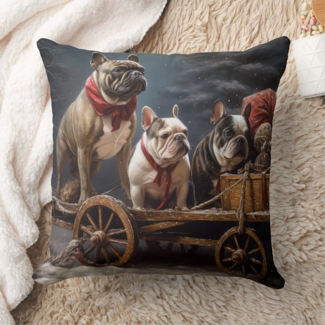Coussin Décor de Noël de Bulldog Snowy Sleigh (Couverture)