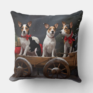 Coussin Décor de Noël de traîneau enneigé de Rat Terrier