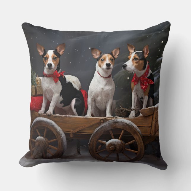 Coussin Décor de Noël de traîneau enneigé de Rat Terrier (Recto)
