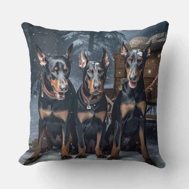 Coussin Décor de Noël Doberman Snowy Sleigh (Recto)