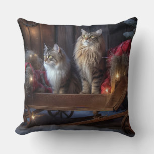 Coussin Décor de Noël du Maine Coon Snowy Sleigh