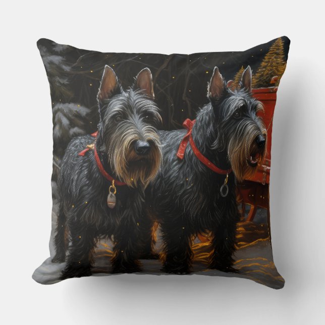 Coussin Décor de Noël écossais Terrier Snowy Sleigh (Recto)