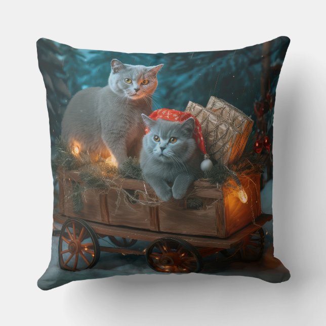 Coussin Décor de Noël russe Blue Cat Snowy Sleigh (Verso)