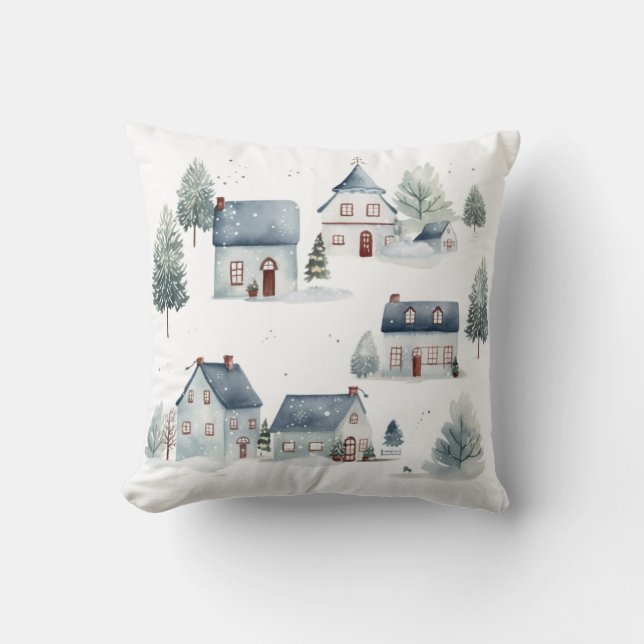 Coussin Décor de Noël scandinave Aquarelle Maisons (Recto)