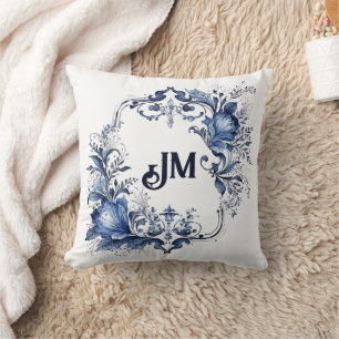 Coussin Décor Delft bleu et blanc avec fleurs