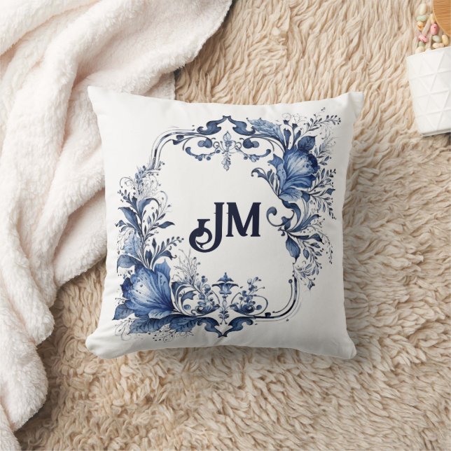 Coussin Décor Delft bleu et blanc avec fleurs (Couverture)