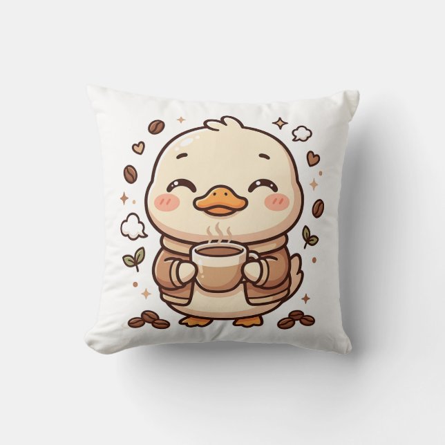 Coussin Décor d'oreiller Canard Mignon Buvant du Café (Recto)