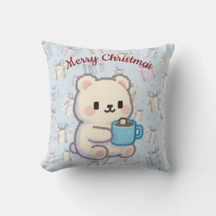 Coussin Décor en pixel art d'ours au cacao cosy pour Noël