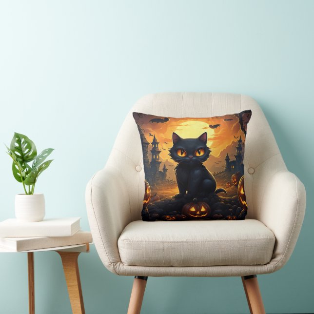 Coussin Décor Halloween Chat Noir  (Chaise)