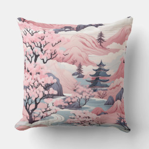 Coussin Décor japonais rose et gris Jeu d'oreiller