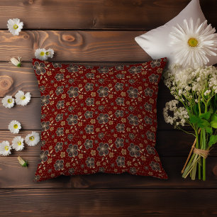 Coussin Décor maison rouge foncé avec fleurs Brown