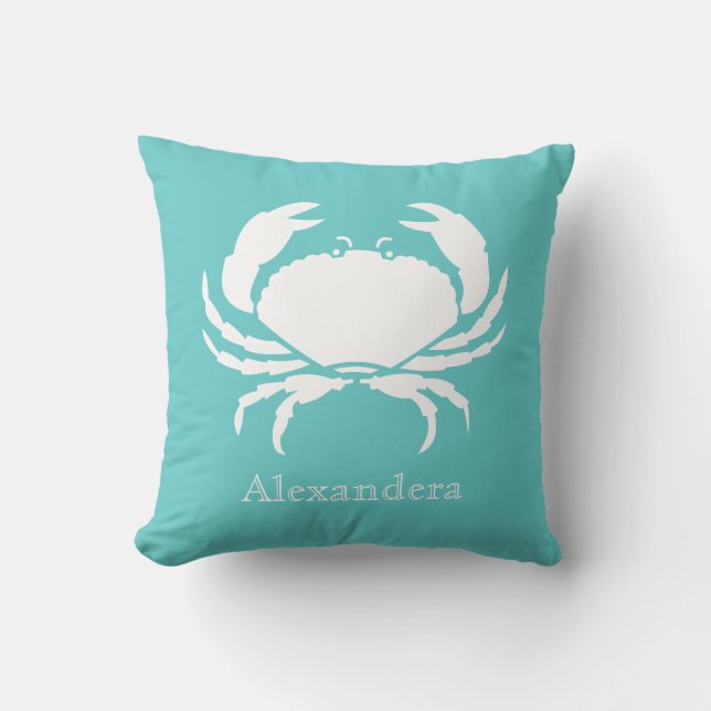 Coussin Décor marin nautique CRAB WHITE turquoise (Recto)