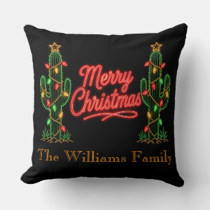 Coussin Décor personnalisé de cactus de Noël au néon