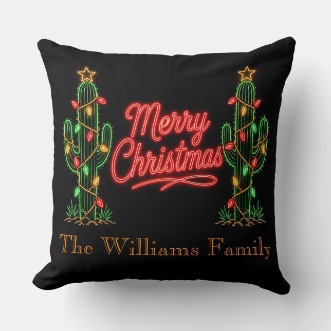 Coussin Décor personnalisé de cactus de Noël au néon (Recto)