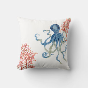Coussin Décor Plage Rouge Ventilateur Corail Bleu Octopus