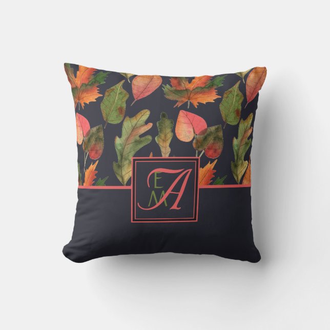 Coussin Décor rose bleu marine des feuilles d'automne mono (Recto)
