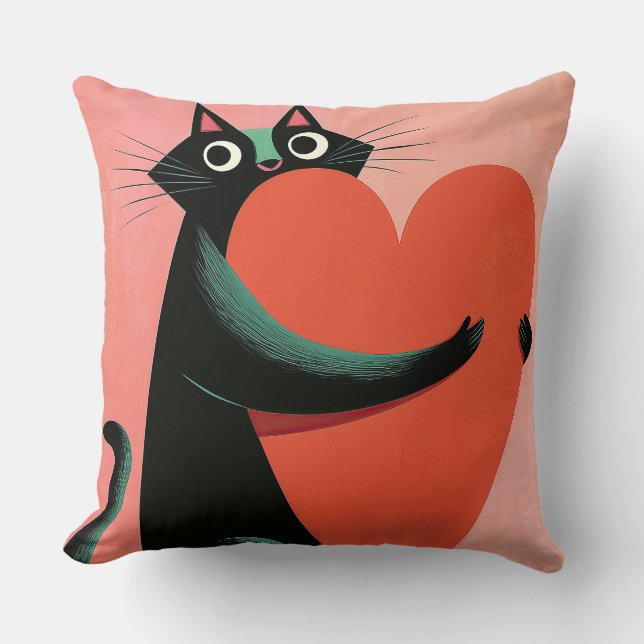 Coussin Décor Rose Pâle Cœur de Chat Noir Rétro (Recto)