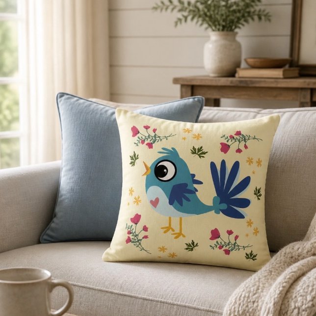 Coussin décoratif 16"x16" Oiseau bleu du bonheur (Créateur téléchargé)