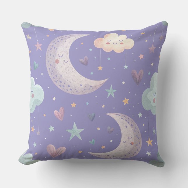 Coussin décoratif 20"x20" Lune et Nuages Violets (Recto)
