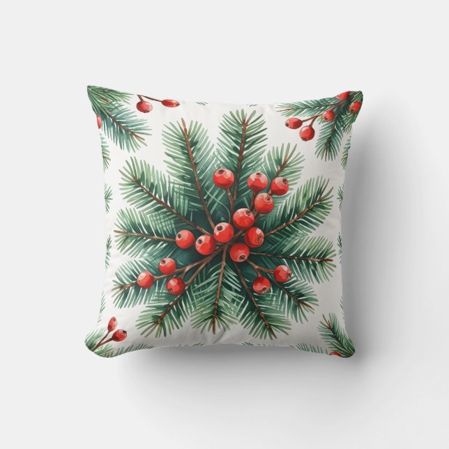 Coussin décoratif à branche de pin de Noël et baie (Recto)