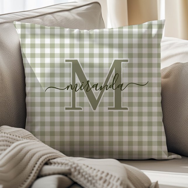 Coussin décoratif à carreaux vert sauge avec monog (Créateur téléchargé)